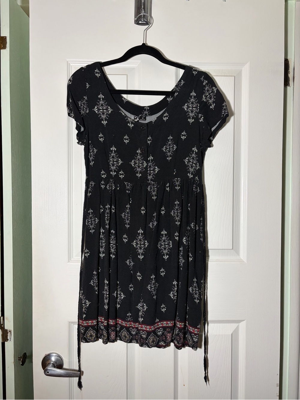 feathers Black Mini Dress with White Print and Red Border
